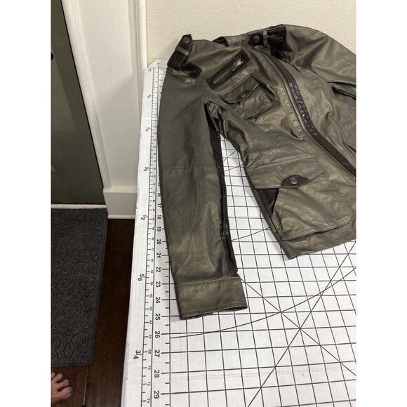 Vince Army Green Gray Waxed Cotton Leather Trim Utility Jacket Size Sm Epaulette - Picture 9 of 14